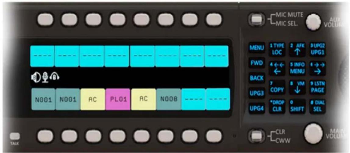 MIC MUTE MIC SEL AUX VOLUME MENU 1 TYPE 2 AFK 3 UPG2 LOC ↑ UPG1 PWD 4 ← ← 5 INFO ← → ← MENU → BACK 7 VM 9 LSTN UPG3 COPY ↓ PAGE *DROP 0 DIAL CLR CWW SHIFT SEL NO01 NO01 AC PL01 AC N008 --- --- TALK