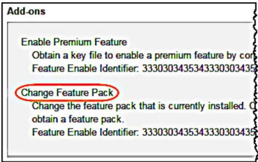 Add-ons Enable Premium Feature Obtain a key file to enable a premium feature by con Feature Enable Identifier: 3330303435343330303435 Change Feature Pack Change the feature pack that is currently installed. O obtain a feature pack. Feature Enable Identifier: 3330303435343330303435