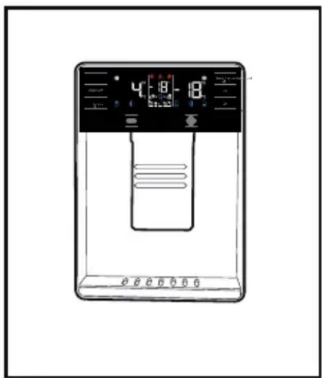 Diagram of a digital water level meter with control panel and display screen showing temperature reading