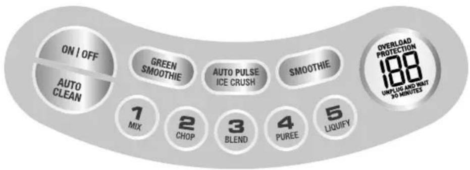 ON | OFF AUTO CLEAN GREEN SMOOTHIE AUTO PULSE ICE CRUSH SMOOTHIE 1 MIX 2 CHOP 3 BLEND 4 PUREE 5 LIQUIFY OVERLOAD PROTECTION 188 UNPLUG AND WAIT 30 MINUTES