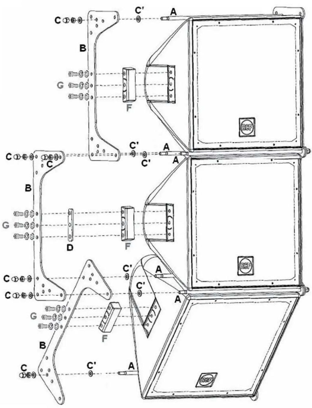 Technical diagram of an electronic device with labeled components and connections, including capacitors, fuses, and a RCF logo.