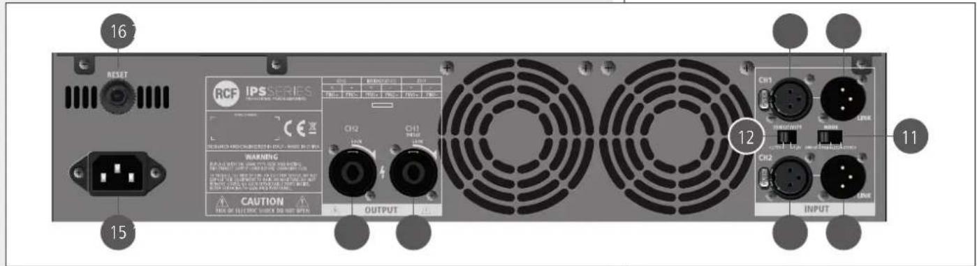 16 RESET RCF IPS SERIES WARNING CAUTION OUTPUT 12 11 15 CH2 CH1 PULSE 12 CH1 PULSE 11 INPUT