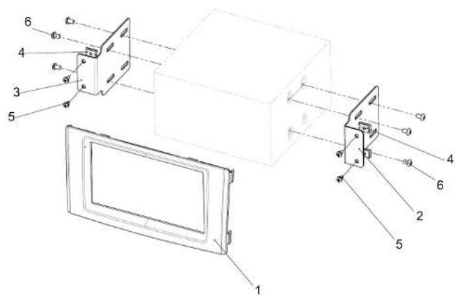Technical diagram of a device with numbered components, showing exploded view and internal assembly views.
