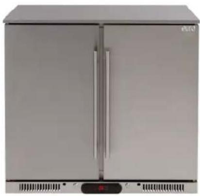 Front view of a modern stainless steel double-door refrigerator with open doors and control panel (no visible text or symbols)