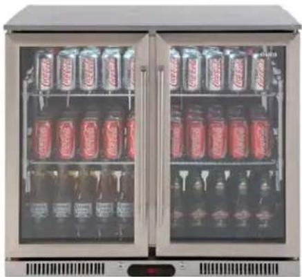 Exterior view of a modern stainless steel beverage refrigerator with multiple side bays filled with Coca-Cola cans (no visible text or labels)