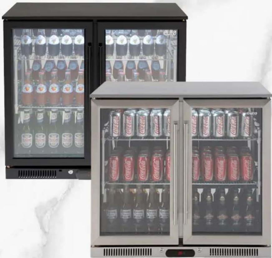Three large beverage refrigerators with glass doors showing various beer bottles and cans, no visible text or labels.