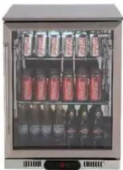 Exterior view of a modern beverage refrigerator with multiple cans on the glass (no visible text or labels)
