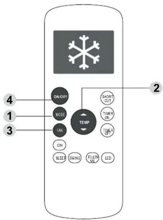 4 1 3 ON/OFF MODE FAN TEMP ION SLEEP SWING FOLLOW ME LED SHORT CUT TIMER ON TIMER OFF 2