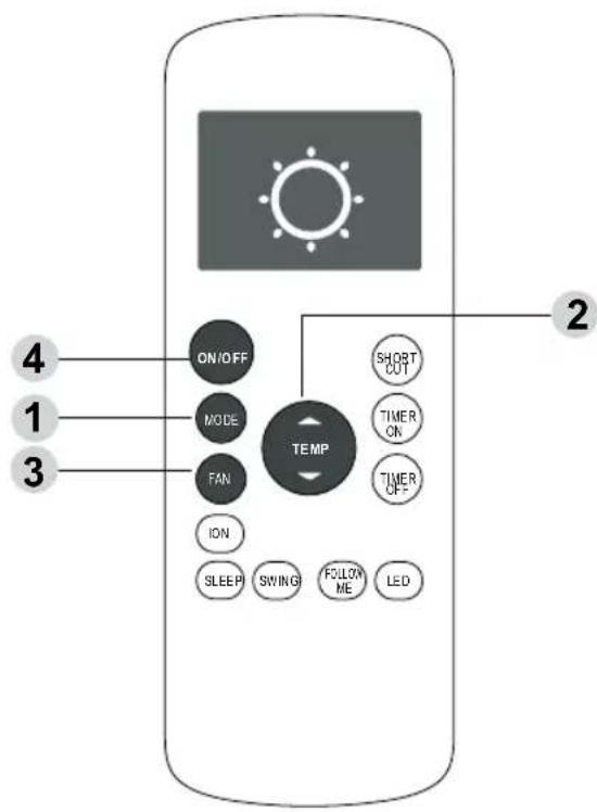 ON/OFF MODE FAN TEMP ION SLEEP SWING FOLLOW ME LED SHORT CUT TIMER ON TIMER OFF 2 4 1 3