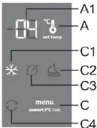 -09 °C set temp. A1 A C1 C2 C3 menu convert 0°C 5sec C C4