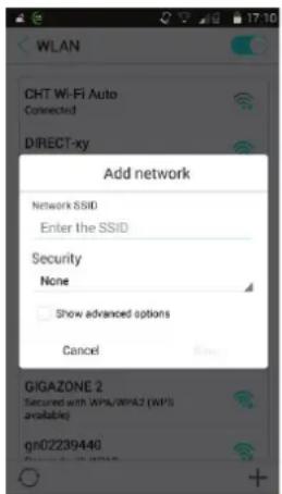 WLAN CHT Wi-Fi Auto Connected DIRECT-xy Add network Network SSID Enter the SSID Security None Show advanced options Cancel GIGAZONE 2 Secured with WPS/WPAZ (WPS available) gn02239440