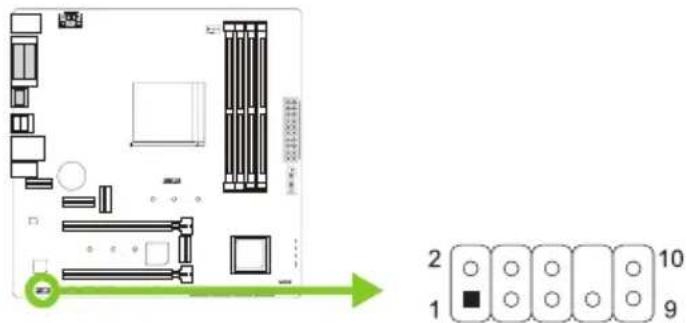 Diagram of a computer motherboard with labeled components and a corresponding schematic showing pin arrangement for 2, 1, 9, and 10.