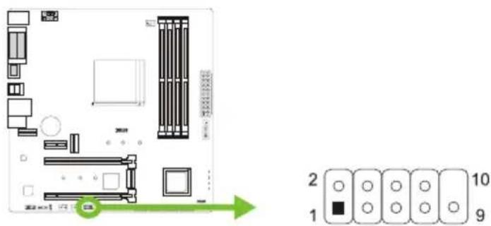 Diagram of a computer motherboard with labeled components and a corresponding numeric keypad layout showing 10, 9, and 2 pins.