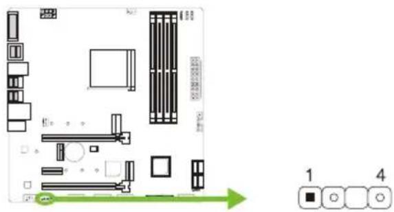 Diagram of a computer motherboard layout with labeled components and directional arrow, showing numbered indicators 1 and 4.