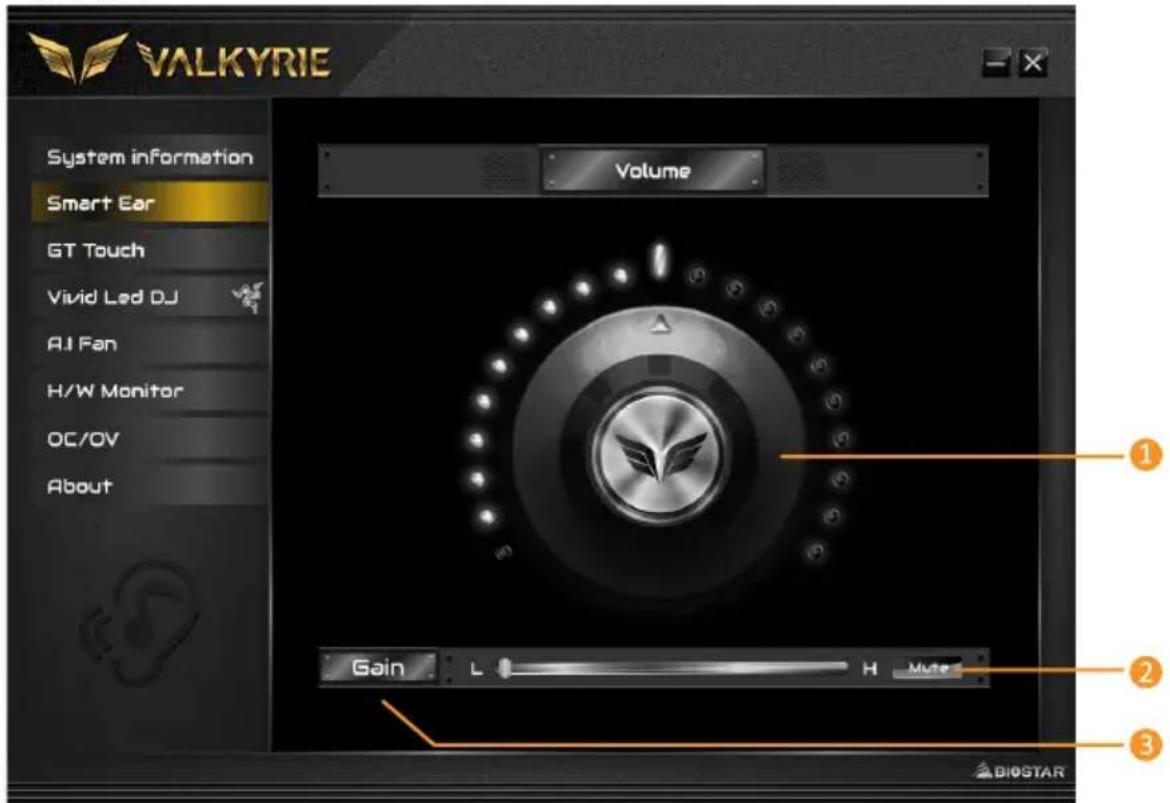 VALKYRIE System information Smart Ear GT Touch Vivid Led DJ AI Fan H/W Monitor OC/OV About Volume Gain L H Mute ① ② ③ BIOSTAR