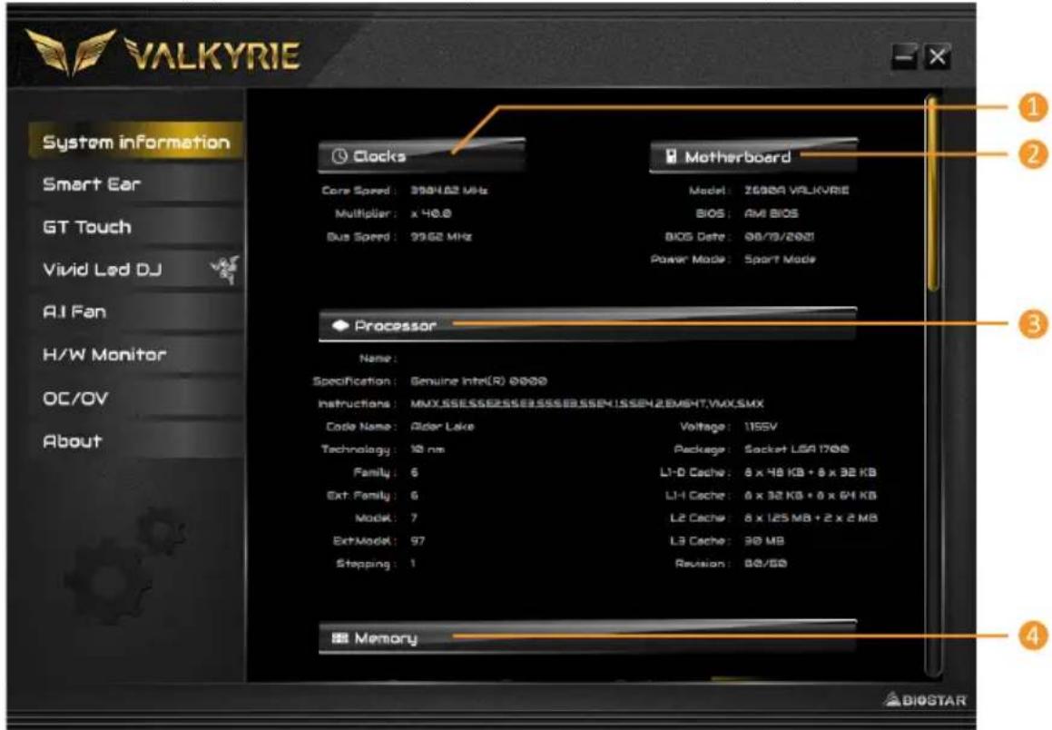 VALKYRIE System information Smart Ear GT Touch Vivid Led DJ AI Fan H/W Monitor OC/OV About Clocks Core Speed: 9984.62 MHz Multiplier: x 40.0 Bus Speed: 99.62 MHz Motherboard Model: Z698A VALKYRIE BIOS: AM BIOS BIOS Date: 08/19/2021 Power Mode: Sport Mode Processor Name: Specification: Genuine Intel(R) 0000 Instructions: MMX,SSS,SSS,SSS,SSS,SSS,SSS,SSS,SSS,SSS,SSS,SSS,SSS,SSS,SSS,SSS,SSS,SSS,SSS,SSS,SSS,SSS,SSS,SSS,SSS,SSS,SSS,SSS,SSS,SSS,SSS,SSS,SSS,SSS,SSS Code Name: Older Lake Technology: 10 nm Family: 6 Ext. Family: 6 Model: 7 Ext. Model: 97 Stepping: 1 Voltage: 1155V Package: Socket LGA 1700 L1-D Cache: 8 x 48 KB + 8 x 32 KB L1-H Cache: 8 x 32 KB + 8 x 64 KB L2 Cache: 8 x 125 MB + 2 x 2 MB L3 Cache: 30 MB Revision: 80/60 Memory ① ② ③ ④ BIOSTAR