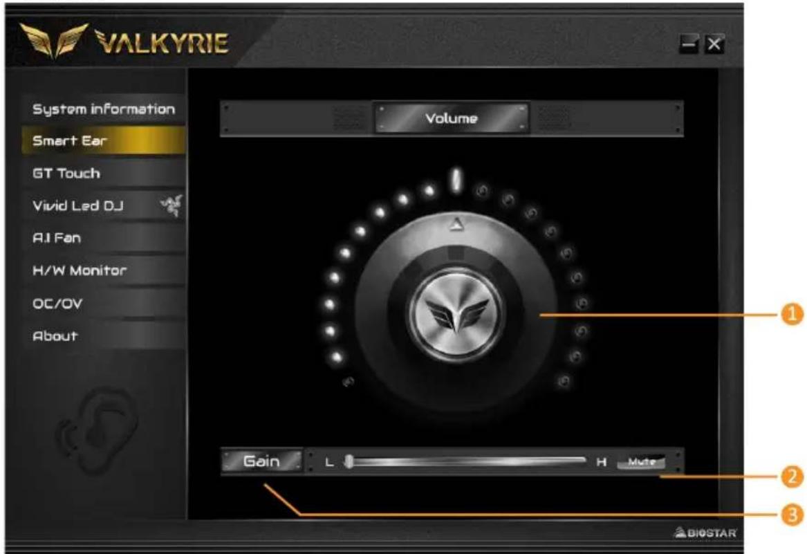 VALKYRIE System information Smart Ear GT Touch Vivid Led DJ AJ Fan H/W Monitor OC/OV About Volume Gain L H Mute 1 2 3 BIOSTAR