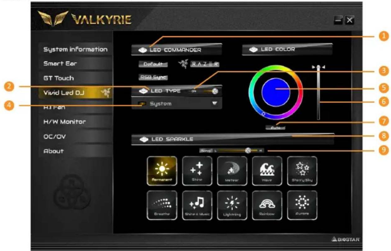 VALKYRIE System information Smart Ear GT Touch Vivid Led DJ Hi Fan H/W Monitor OC/OV About LED COMMANDER Default RAZER RGB Sync LED TYPE ON System LED COLOR Auto LED SPARKLE Song L H Permanent Shine Meteor Have Sherry Sky Breathe Shine & Music Lightning Rainbow Rumors BIOSTAR