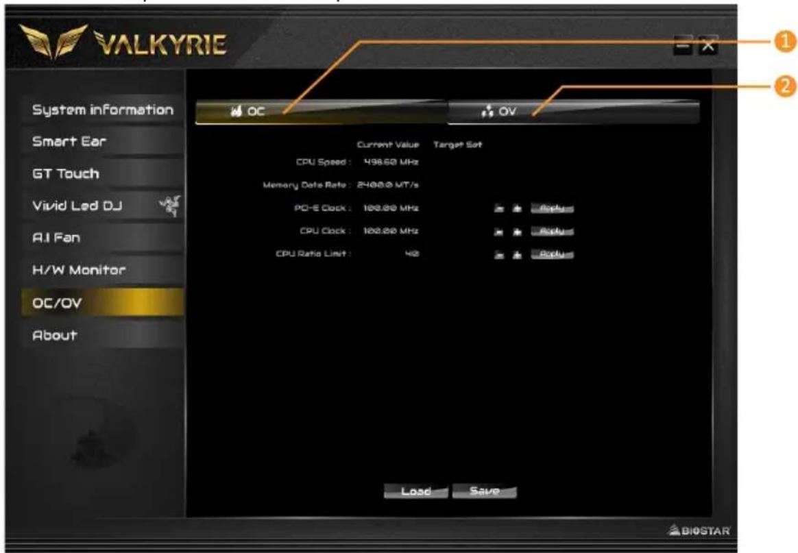 VALKYRIE System information Smart Ear GT Touch Vivid Led DJ AI Fan H/W Monitor OC/OV About Current Value Target Set CPU Speed: 498.60 MHz Memory Data Rate: 2400.0 MT/s PO-E Clock: 100.00 MHz CPU Clock: 100.00 MHz CPU Ratio Limit: 40 Load Save ① ② Load Save BIOSTAR