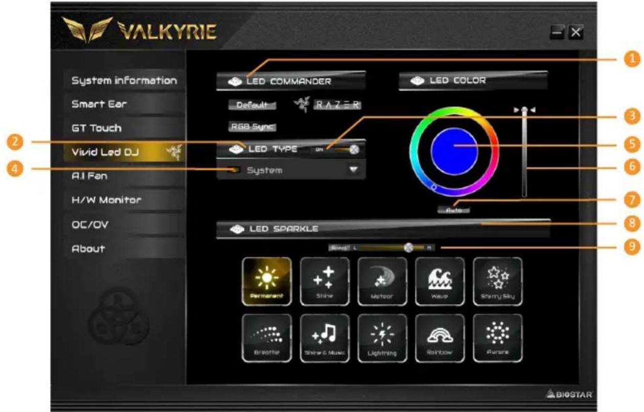 VALKYRIE System information Smart Ear GT Touch Vivid Led DJ AI Fan H/W Monitor OC/OV About LED COMMANDER LED COLOR Default RAZ = R RGB Sync LED TYPE ON System Auto LED SPARKLE Song: L H Permanent Shine Mirror Wasp Sharry Sky Breathe Shire & Music Lightning Rainbow Runers BIOSTAR