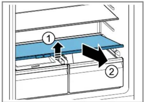 Diagram showing a refrigerator interior with labeled parts and directional arrows indicating movement or flow.