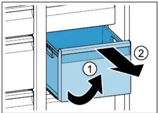 Diagram showing a blue storage cabinet with two labeled arrows indicating flow or movement, numbered 1 and 2.