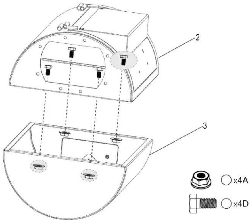 Technical diagram of a device with labeled components and parts, including a nut, bolt, and threaded screw.