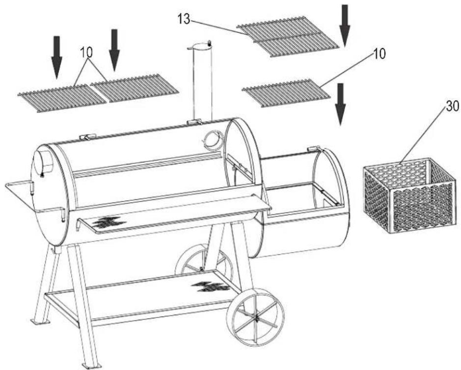 Technical diagram of a portable stove with labeled components and directional arrows indicating assembly steps.
