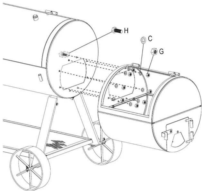 Technical diagram of a mechanical device with labeled components H, C, and G