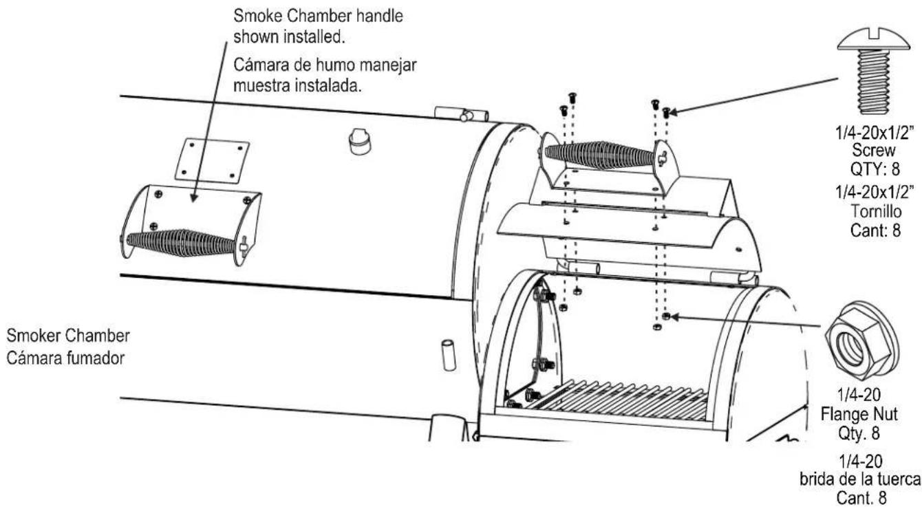 Smoke Chamber handle shown installed. Cámara de humo manejar muestra instalada. 1/4-20x1/2" Screw QTY: 8 1/4-20x1/2" Tornillo Cant: 8 Smoker Chamber Cámara fumador 1/4-20 Flange Nut Qty. 8 1/4-20 brida de la tuerca Cant. 8