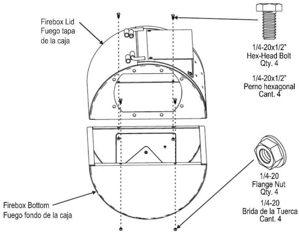 Firebox Lid Fuego tapa de la caja 1/4-20x1/2" Hex-Head Bolt Qty. 4 1/4-20x1/2" Perno hexagonal Cant. 4 1/4-20 Flange Nut Qty. 4 1/4-20 Brida de la Tuerca Cant. 4 Firebox Bottom Fuego fondo de la caja