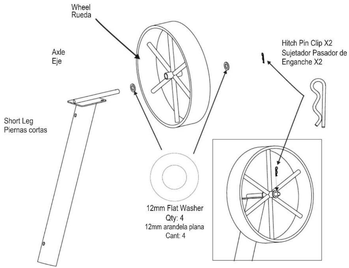 Wheel Rueda Axle Eje Short Leg Piernas cortas Hitch Pin Clip X2 Sujetador Pasador de Enganche X2 12mm Flat Washer Qty: 4 12mm arandela plana Cant: 4
