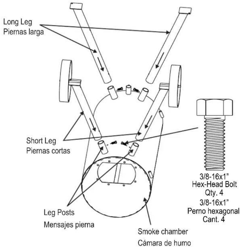 Long Leg Piernas larga Short Leg Piernas cortas Leg Posts Mensajes pierna Smoke chamber Cámara de humo 3/8-16x1" Hex-Head Bolt Qty. 4 3/8-16x1" Perno hexagonal Cant. 4