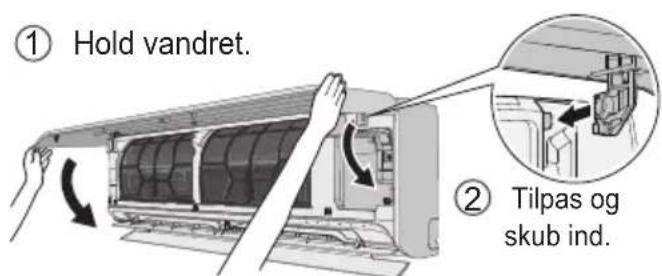 ① Hold vandret. ② Tilpas og skub ind.