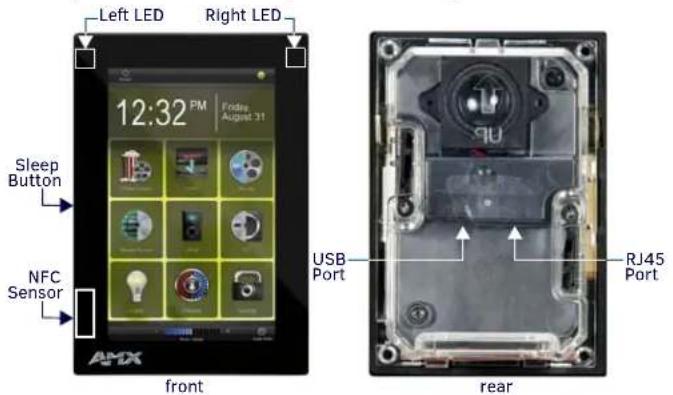 Left LED Right LED Sleep Button 12:32 PM Fonds August 31 NFC Sensor AMX front USB Port RJ45 Port rear