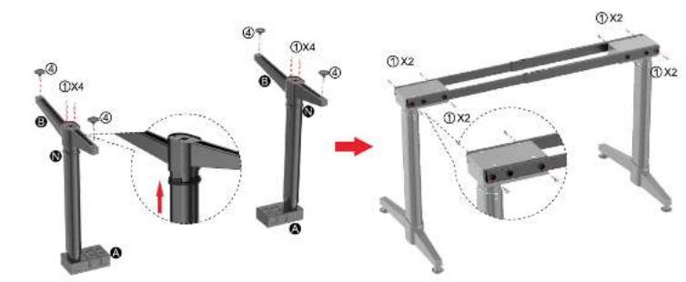 Technical diagram showing mechanical assembly steps with labeled components and a red arrow indicating transformation