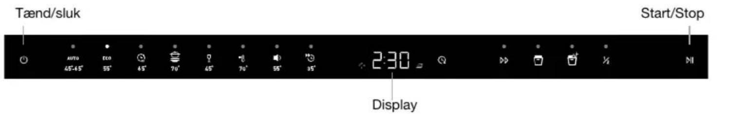 Tænd/sluk Auto 45°-65° ECO 55° 45° 70° 65° 70° 55° 95° 2:30 Display Start/Stop