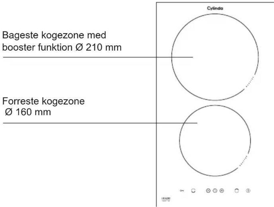 Bageste kogezone med booster funktion Ø 210 mm Forreste kogezone Ø 160 mm Cylinda