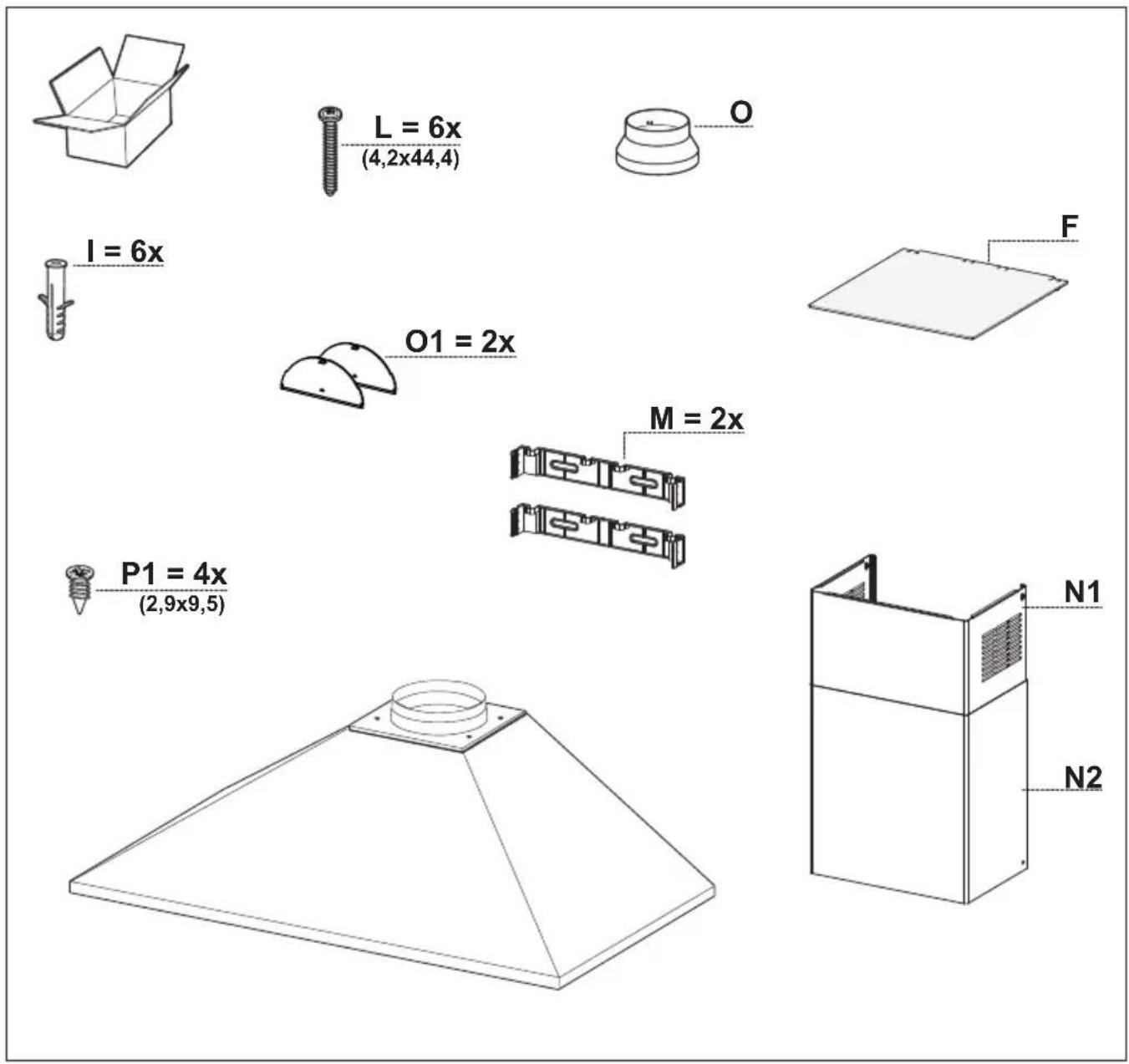 L = 6x (4,2x44,4) I = 6x O1 = 2x M = 2x P1 = 4x (2,9x9,5) N1 N2