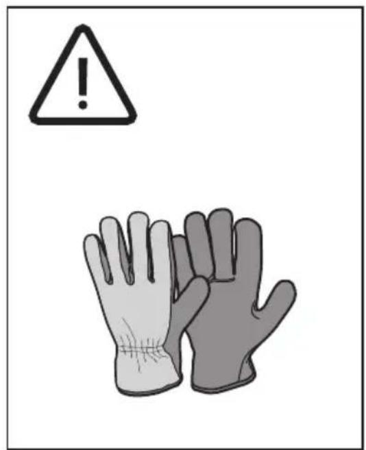 Warning sign with exclamation mark and two gloves, indicating hazardous or hazardous material