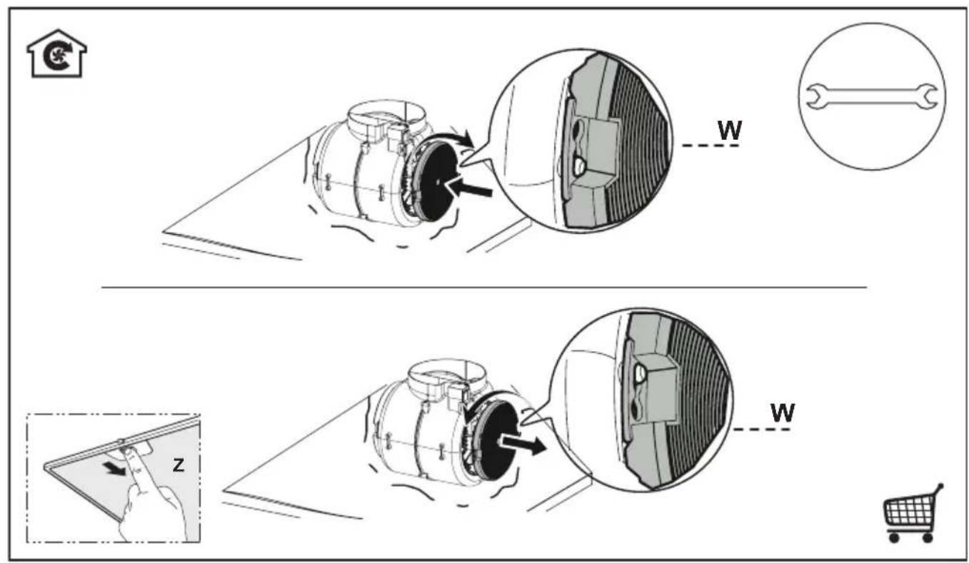 Diagram illustrating a mechanical assembly process with labeled parts W and z, showing tool positioning and component alignment.