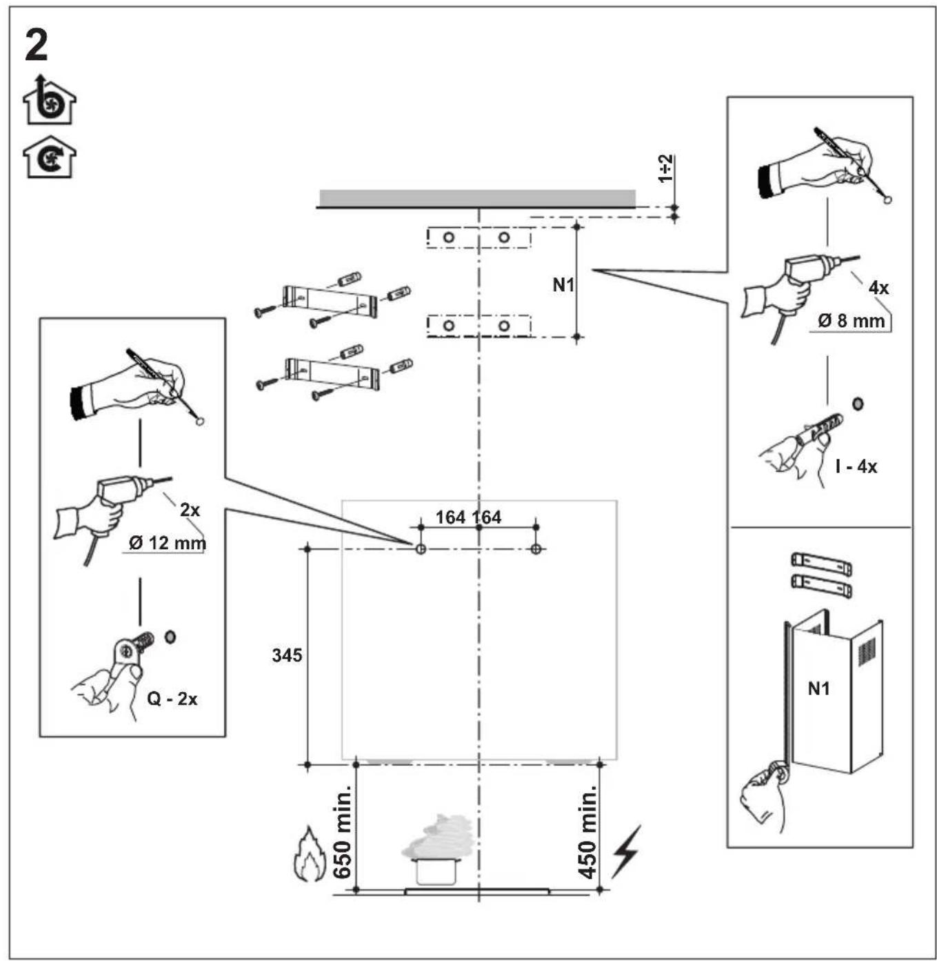 2 1÷2 N1 4x Ø 8 mm 1 - 4x 2x Ø 12 mm Q - 2x 345 164 164 650 min. 450 min. N1