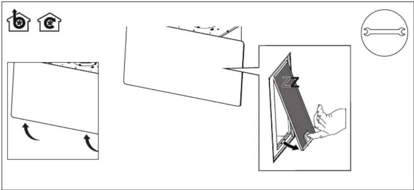 Diagram illustrating a mechanical or electrical process with labeled components and directional arrows, including house symbols and a wrench.
