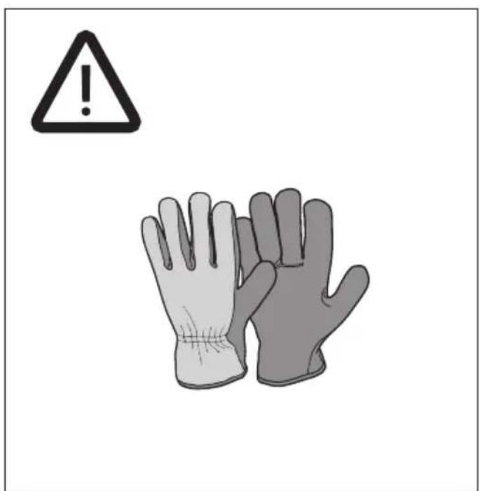 Warning symbol and image showing a pair of gloves with an exclamation mark, likely indicating hazardous or hazardous items.