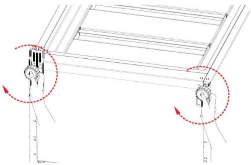 Technical diagram showing hand positioning of a ladder with labeled points and rotation arrows