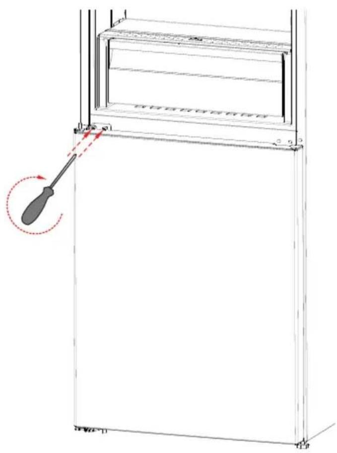 Technical diagram showing a screwdriver inserted into a storage unit with labeled dimensions and a red dashed arrow indicating rotation.
