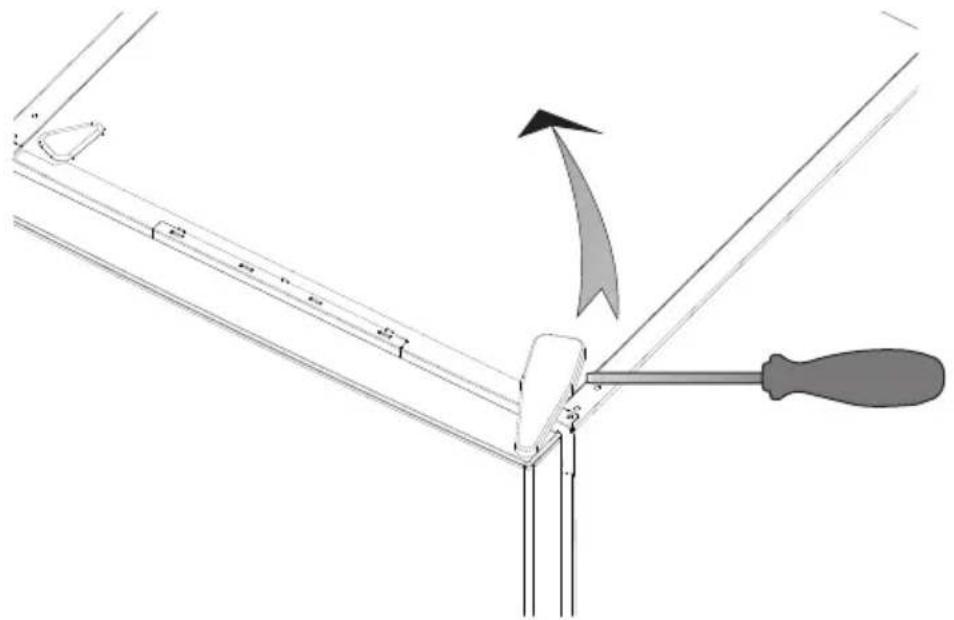 Technical diagram showing a tool interacting with a bracket, labeled with dimensions and an arrow indicating direction.
