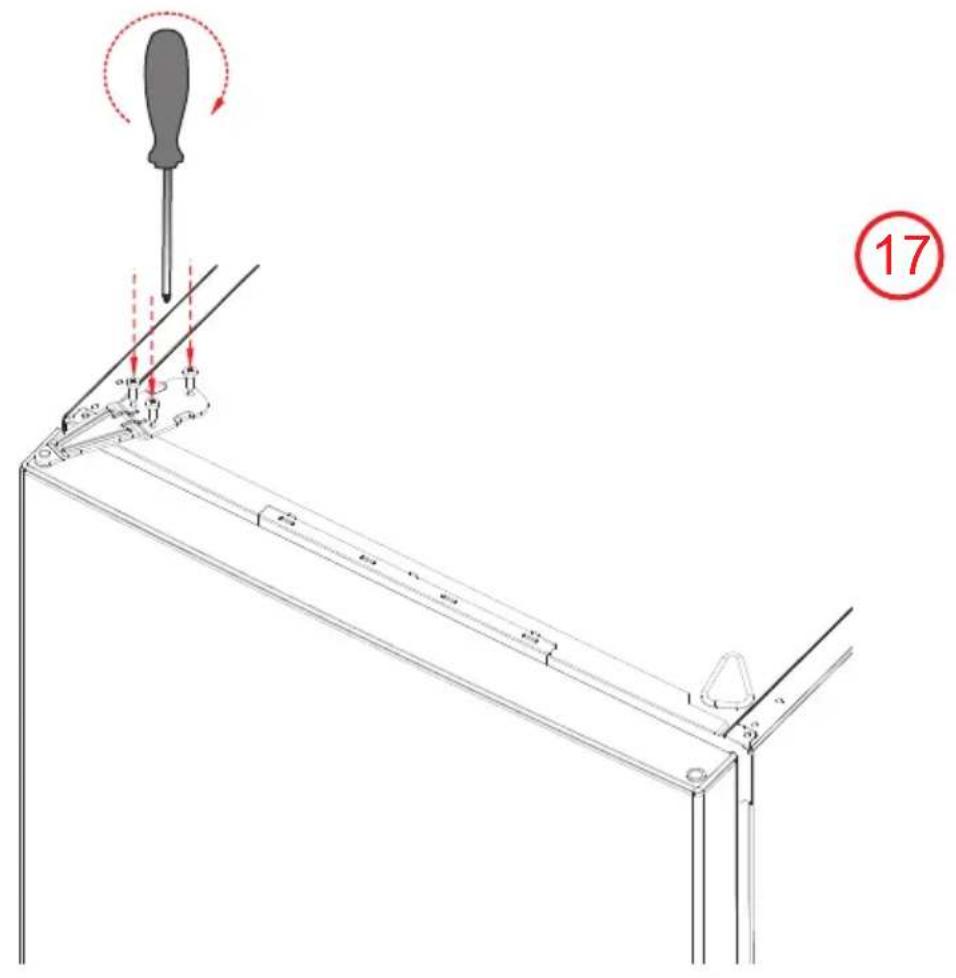 Technical diagram showing a screwdriver inserted into a metal frame with red circular motion indicator and page number 17