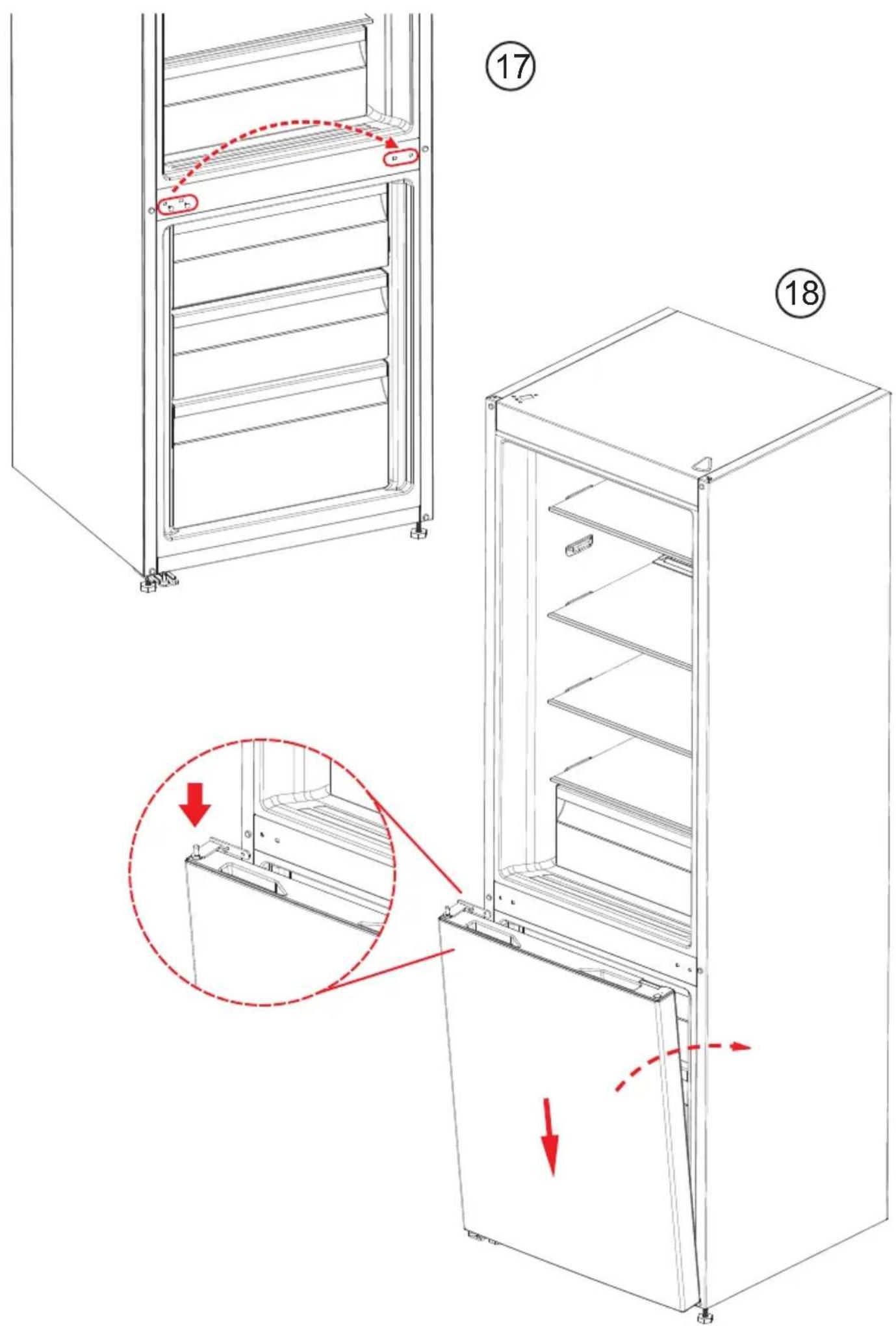 Technical diagram showing the internal structure and mounting instructions of a refrigerator, with numbered annotations (17 and 18) highlighting structural changes.