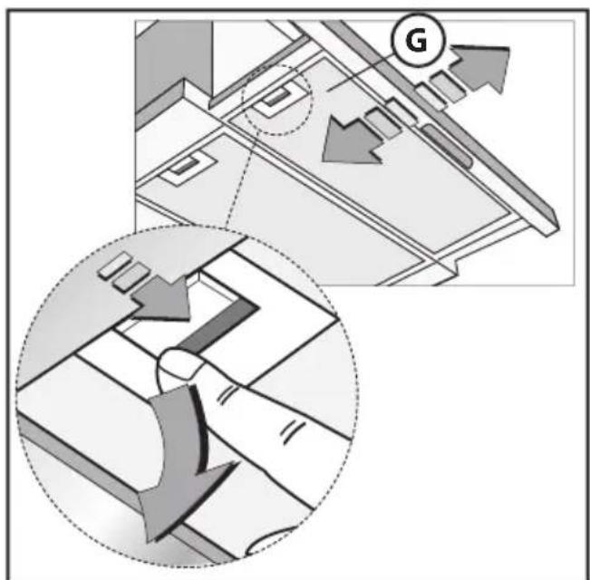 Diagram illustrating airflow or movement in a building interior with directional arrows and a magnified detail view.